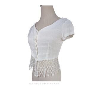 Vintage Crop Top White S Lace 90S Hippie Boho Crinkle Rayon Button Retro Cottage